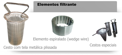 Elementos Filtrantes - Elemento espiralado (wedge wire), Cesto com tela metálica plissada, Cestos especiais.